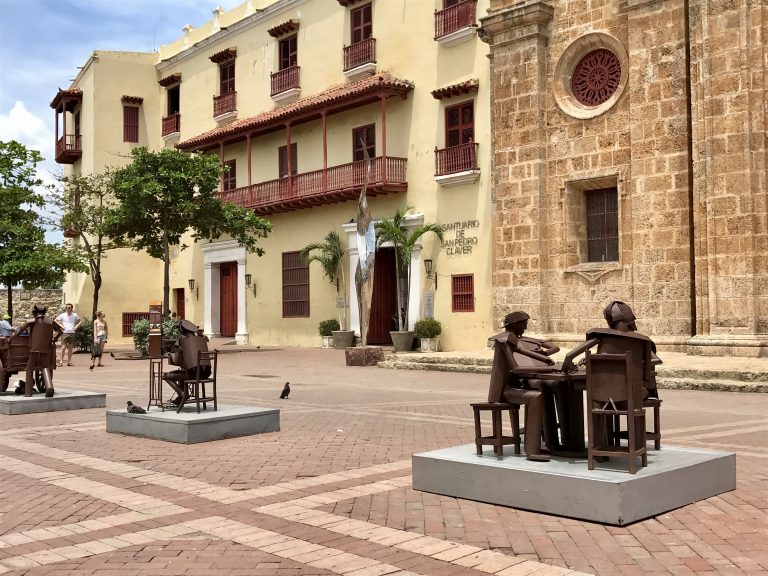 Controversial sculptures in front of San Pedro Clavier church in Cartagena